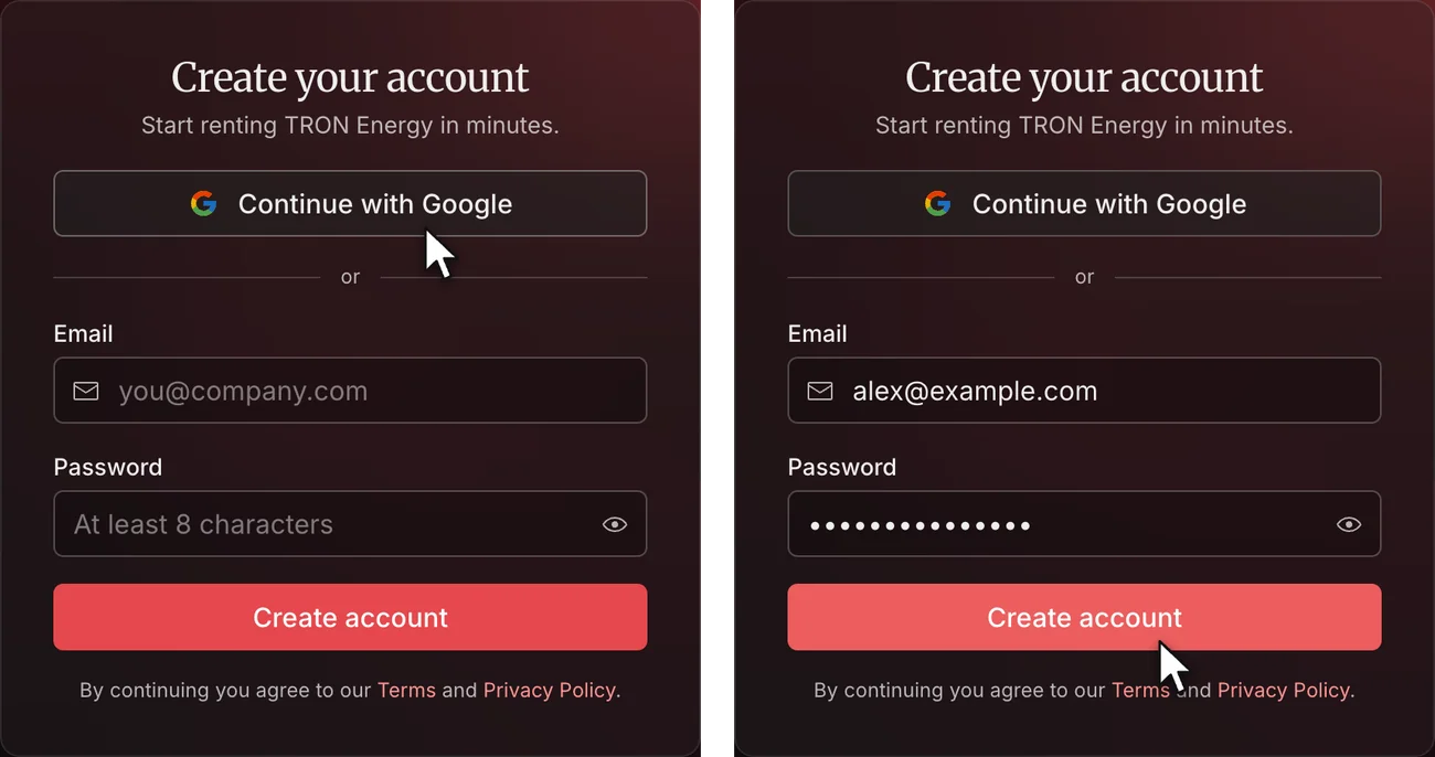O formulário de cadastro da TronGasAi. À esquerda: vazio, com o botão Continue with Google e os campos de email e senha. À direita: o mesmo formulário preenchido.