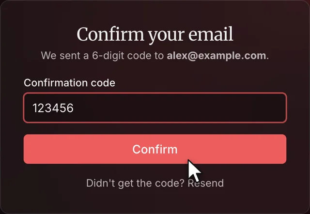 A tela de confirmação de email com um código de 6 dígitos digitado no campo.