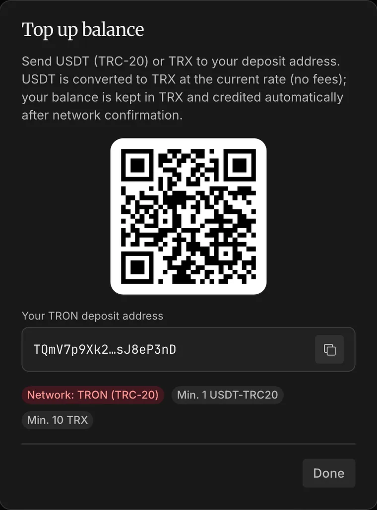 The Top up dialog: a QR code, the TRON deposit address, and badges for the network and the minimum deposit per currency.